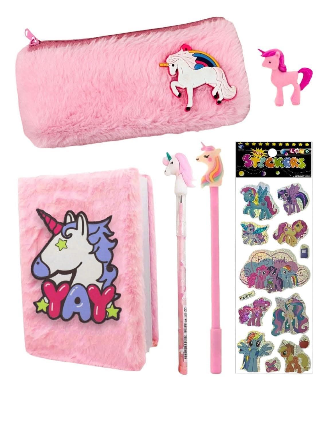 Unicorn fur pouch , pen , pencil , eraser & stickers - halfpeapp