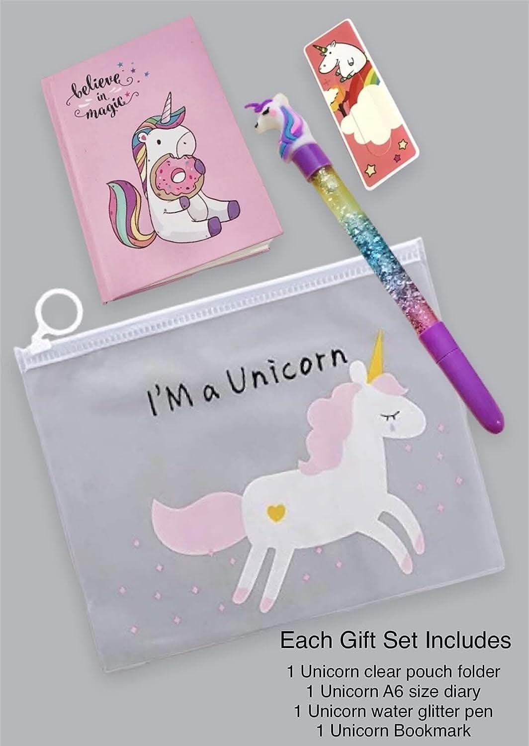Unicorn gift set of clear folder pouch , A6 diary , pen and bookmark (pack of 4) - halfpeapp