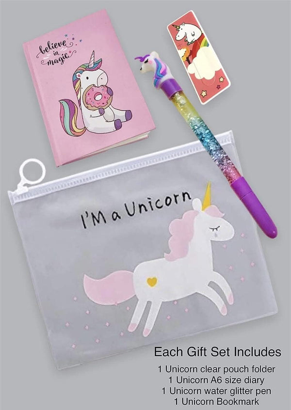 Unicorn gift set of clear folder pouch , A6 diary , pen and bookmark (pack of 4) - halfpeapp