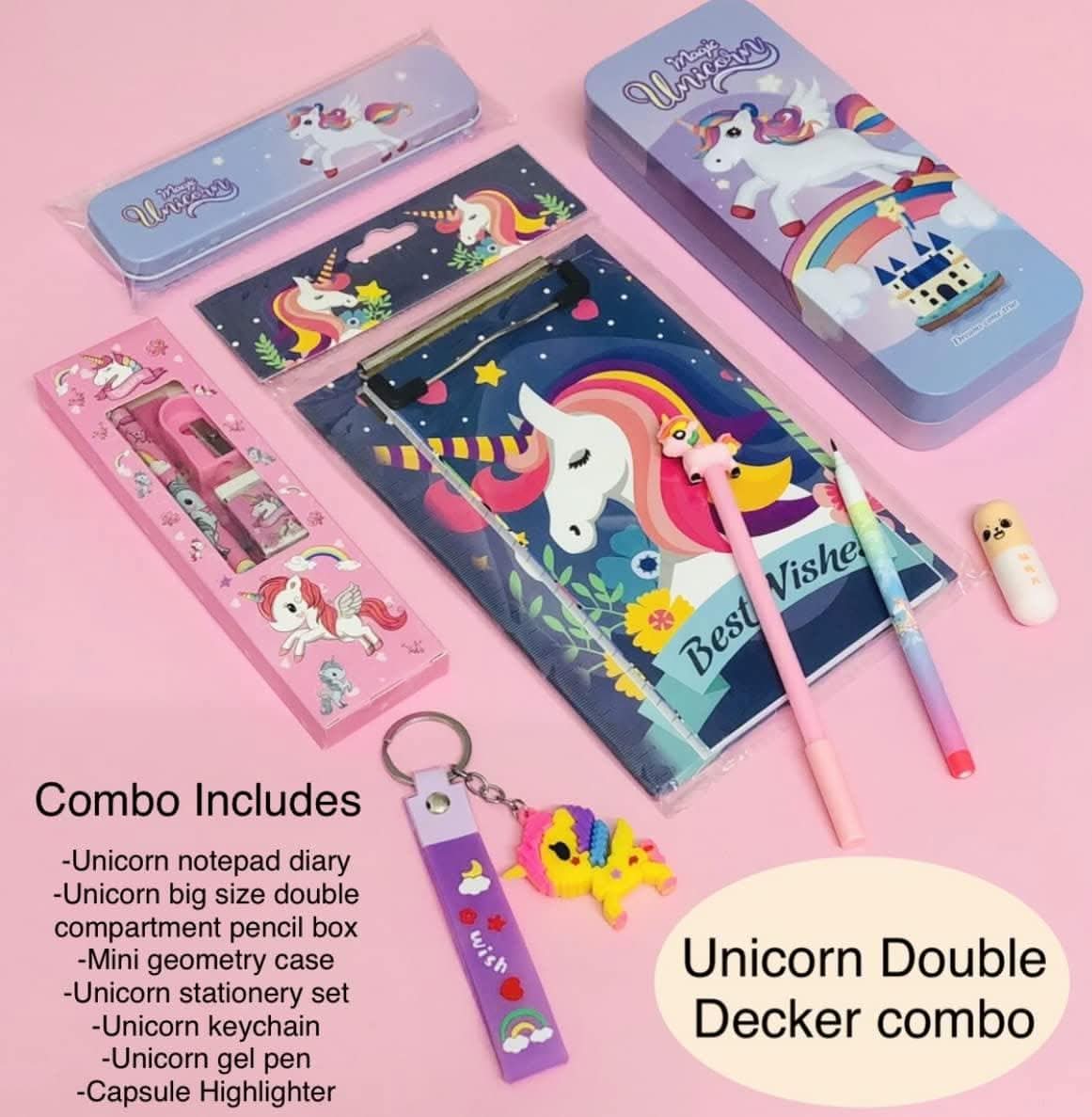 Unicorn notepad clipboard with diary , pen , pencil , eraser , sharpener , unicorn geometry box with keychain - halfpeapp