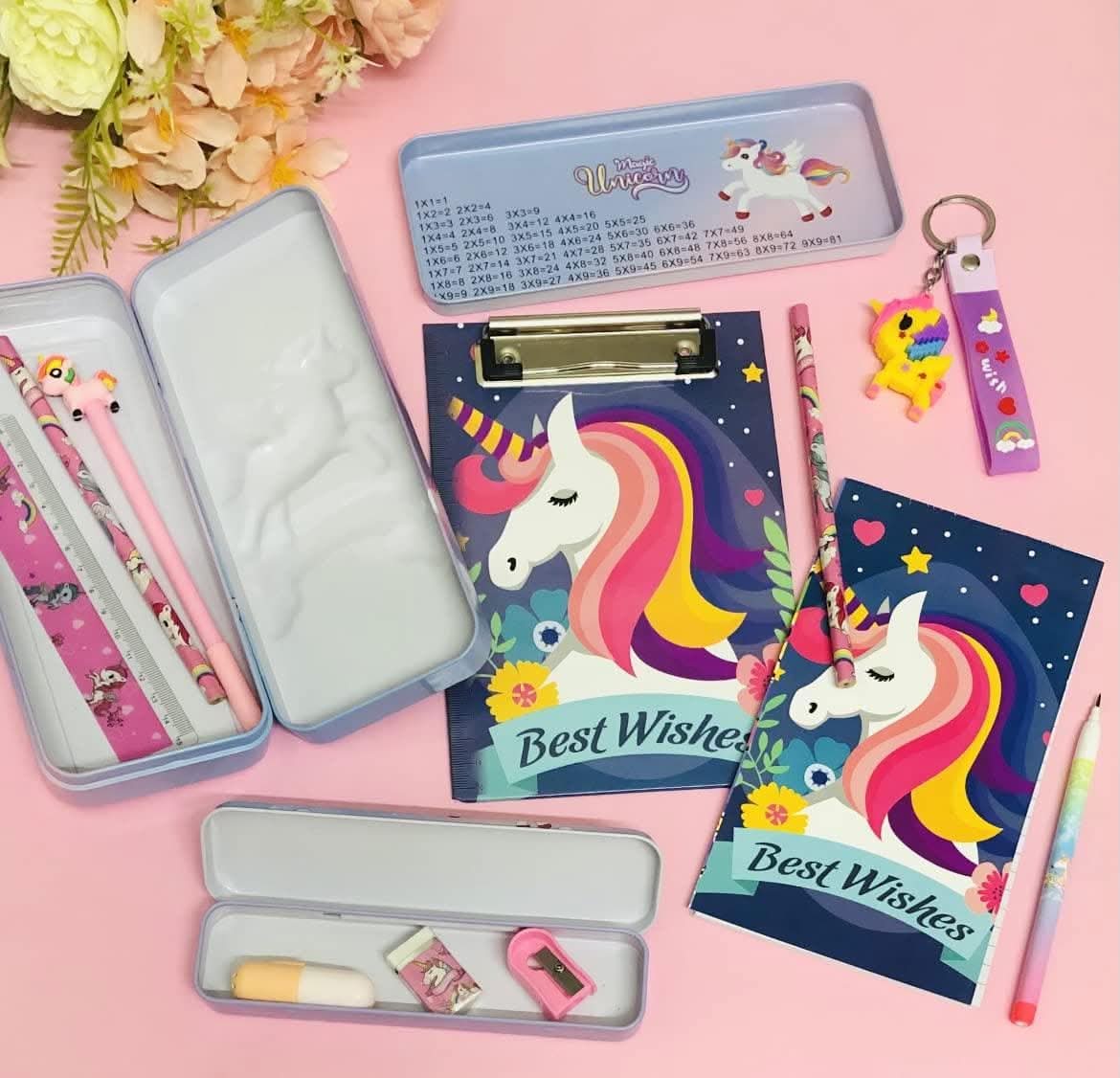 Unicorn notepad clipboard with diary , pen , pencil , eraser , sharpener , unicorn geometry box with keychain - halfpeapp