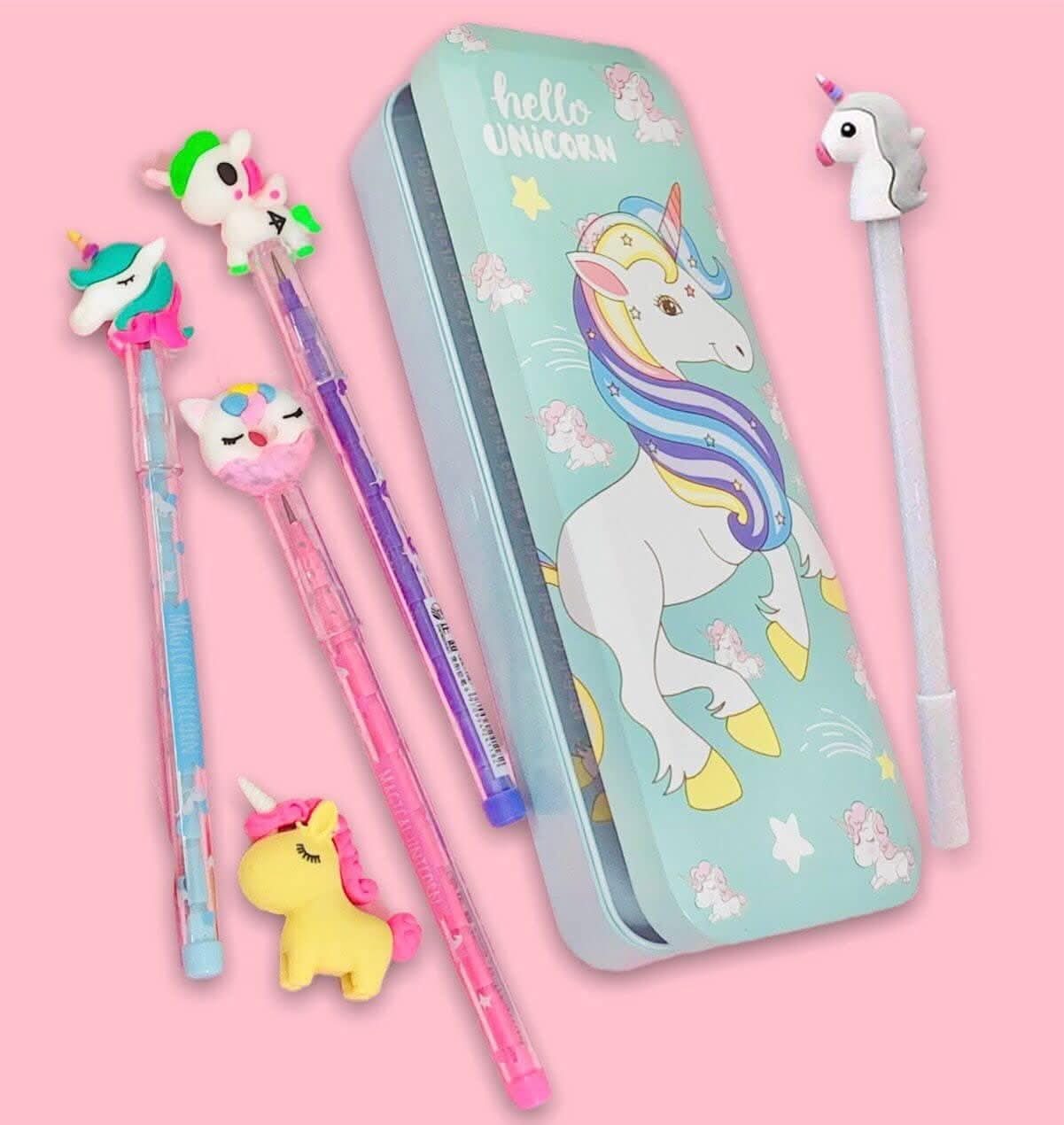 Unicorn pencil geometry box with eraser and gel pen - halfpeapp