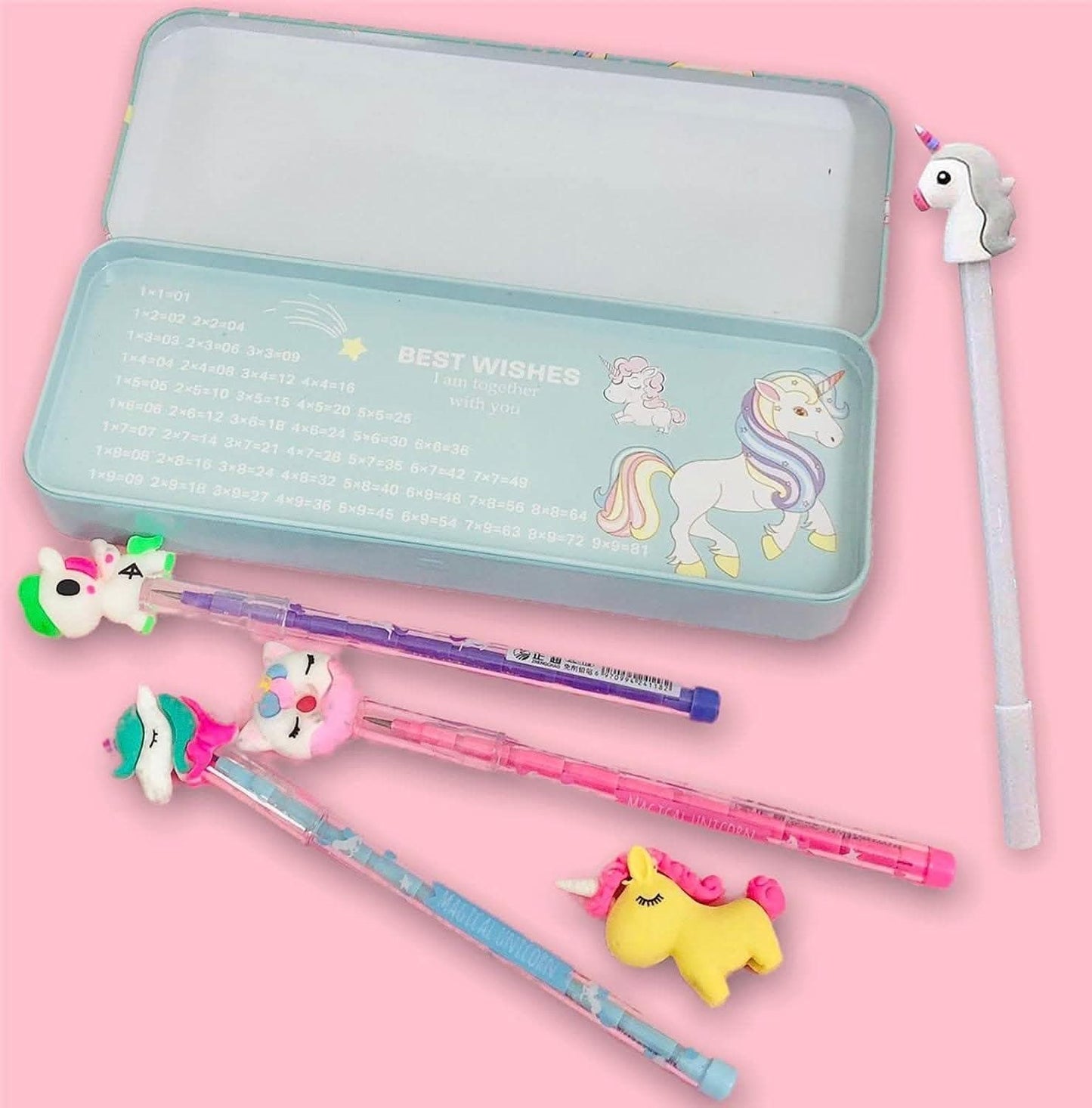 Unicorn pencil geometry box with eraser and gel pen - halfpeapp