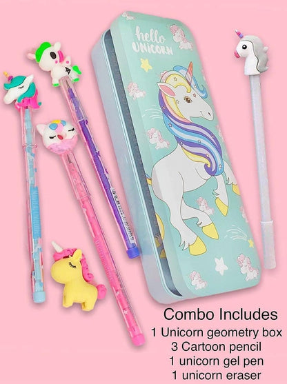Unicorn pencil geometry box with eraser and gel pen - halfpeapp
