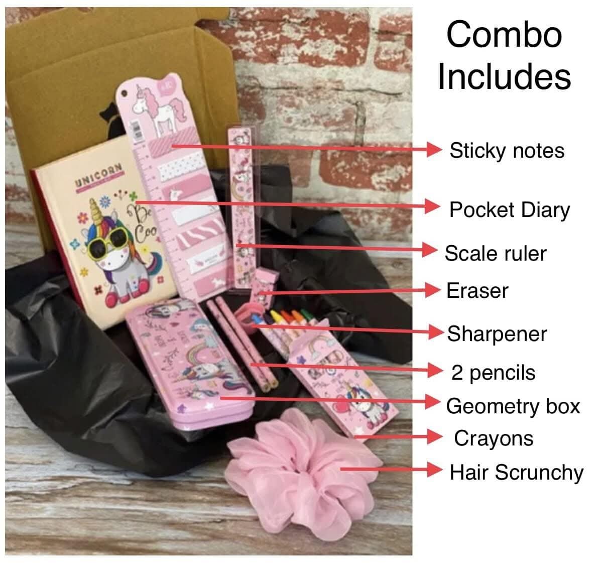 Unicorn stationary set includes diary , sticky notes , pen , pencil case , two pencils , eraser , scale , sharpener and crayons - halfpeapp