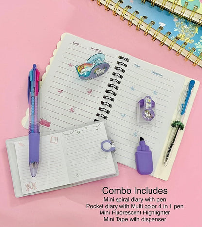 Unicorn stationery set with button lock secret pocket , pen , marker and tape & mini spiral diary with pen - halfpeapp