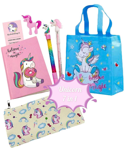 Unicorn theme carry bag , diary notebook , water glitter pen , pencil,eraser, bookmark , & stationary pouch - halfpeapp