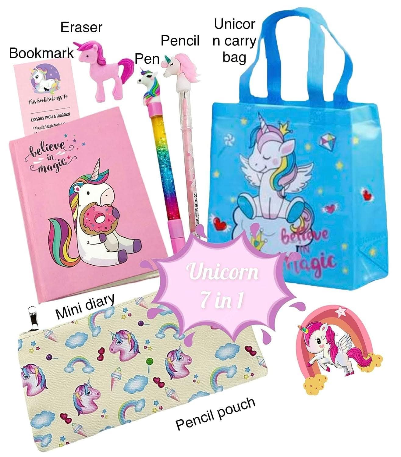 Unicorn theme carry bag , diary notebook , water glitter pen , pencil,eraser, bookmark , & stationary pouch - halfpeapp