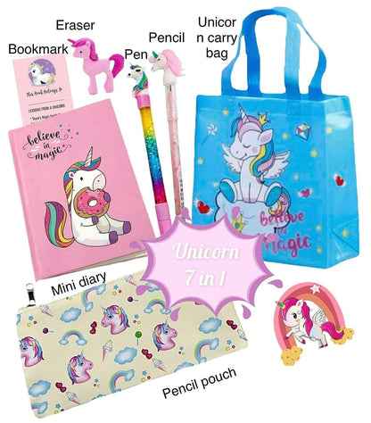 Unicorn theme carry bag , diary notebook , water glitter pen , pencil,eraser, bookmark , & stationary pouch - halfpeapp