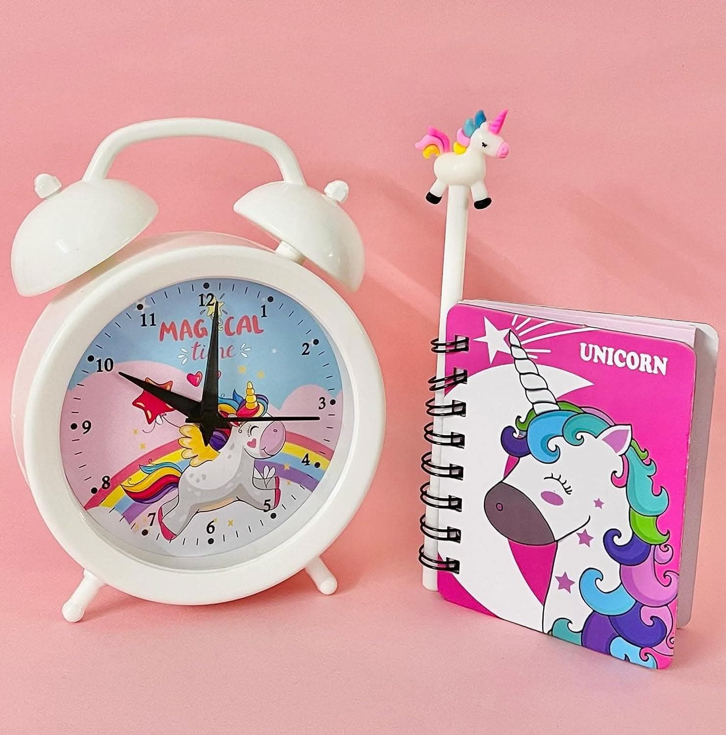 Unicorn theme clock , diary with gel pen - halfpeapp