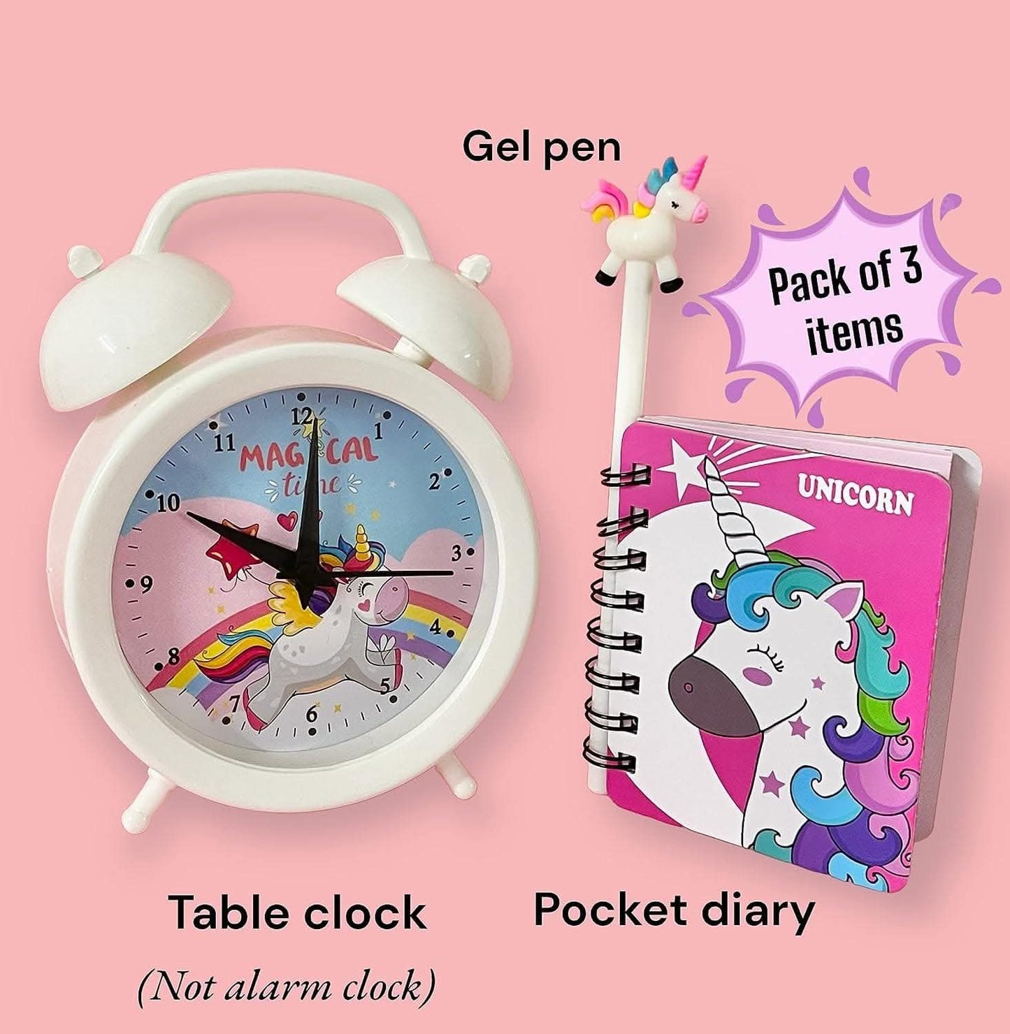 Unicorn theme clock , diary with gel pen - halfpeapp