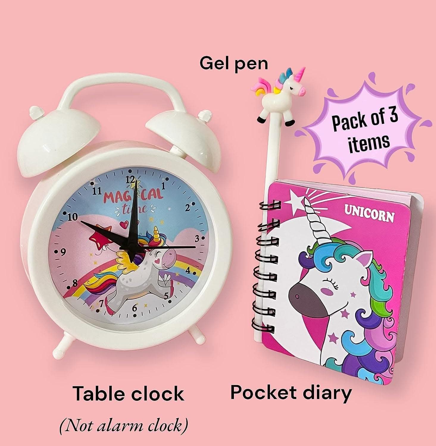 Unicorn theme clock , diary with gel pen - halfpeapp