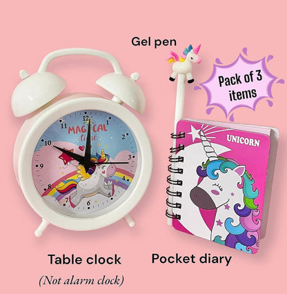 Unicorn theme clock , diary with gel pen - halfpeapp