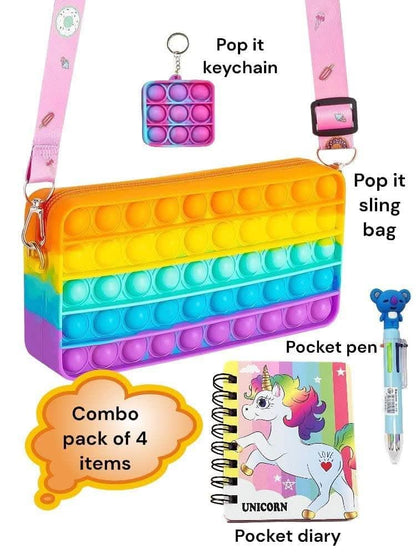 Unicorn theme sling bag , pocket diary , 4 in 1 pen & pop it keychain - halfpeapp