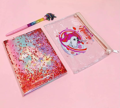 Unicorn theme water glitter diary with unicorn fan head pen , cardboard pad - halfpeapp