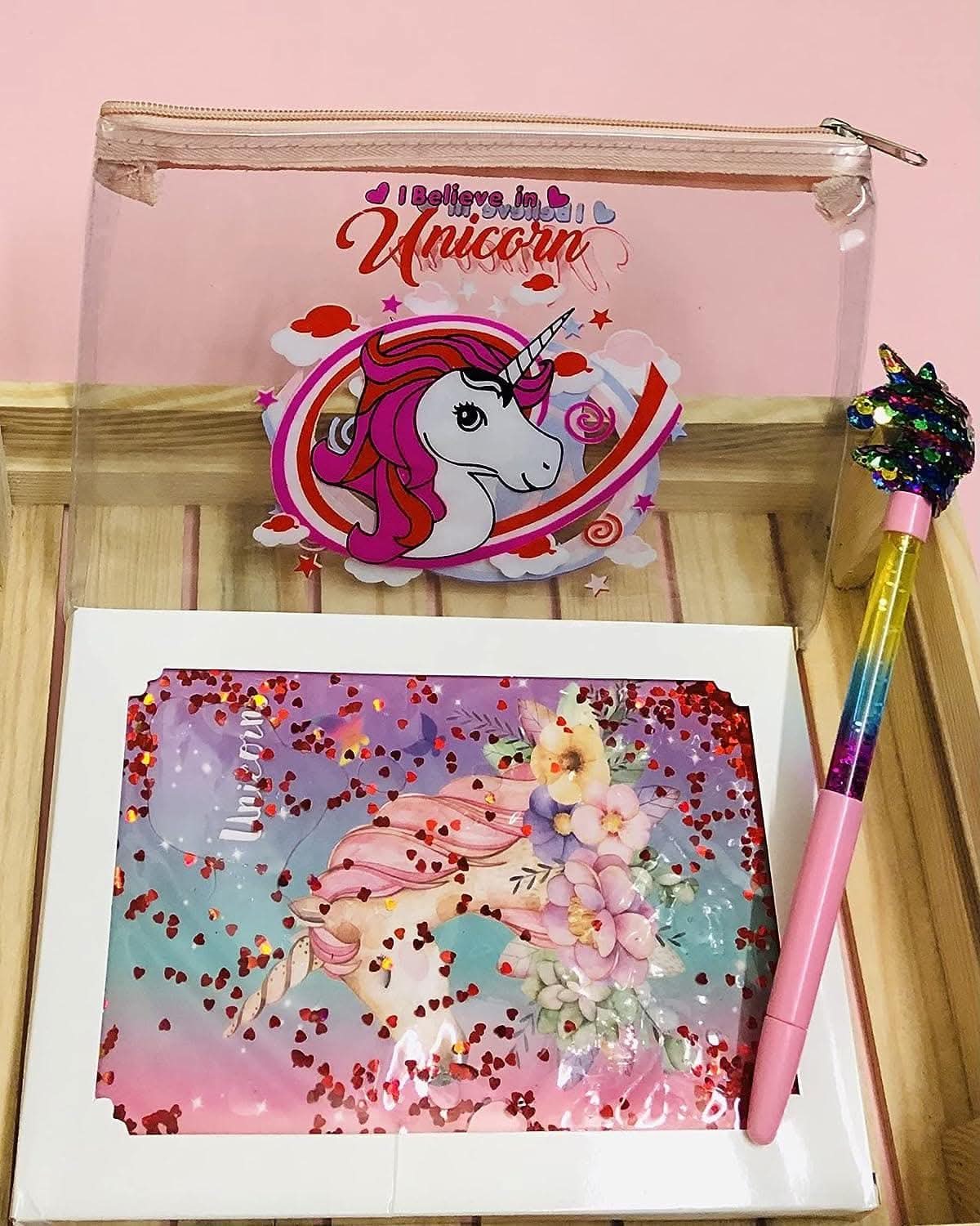 Unicorn theme water glitter diary with unicorn fan head pen , cardboard pad - halfpeapp