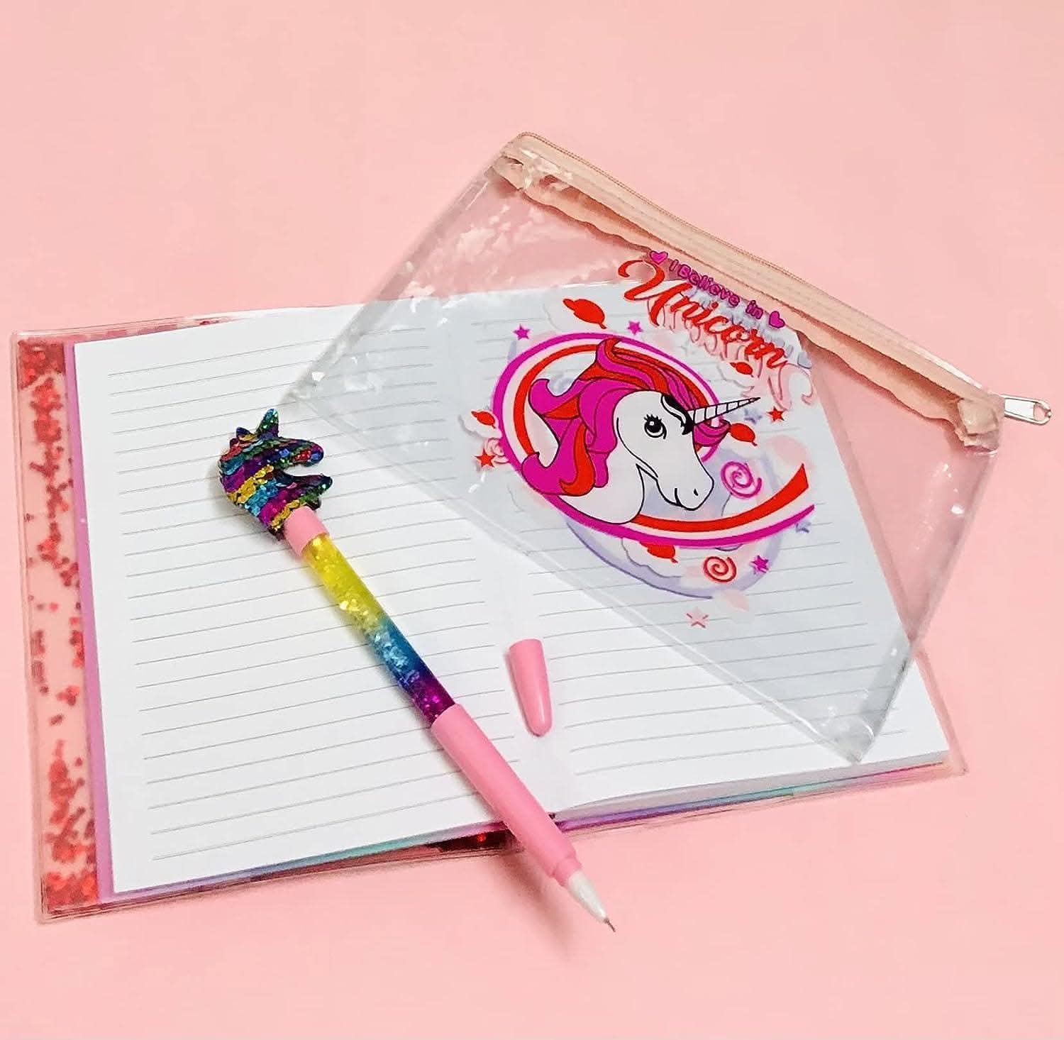 Unicorn theme water glitter diary with unicorn fan head pen , cardboard pad - halfpeapp