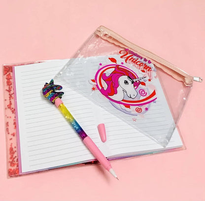 Unicorn theme water glitter diary with unicorn fan head pen , cardboard pad - halfpeapp