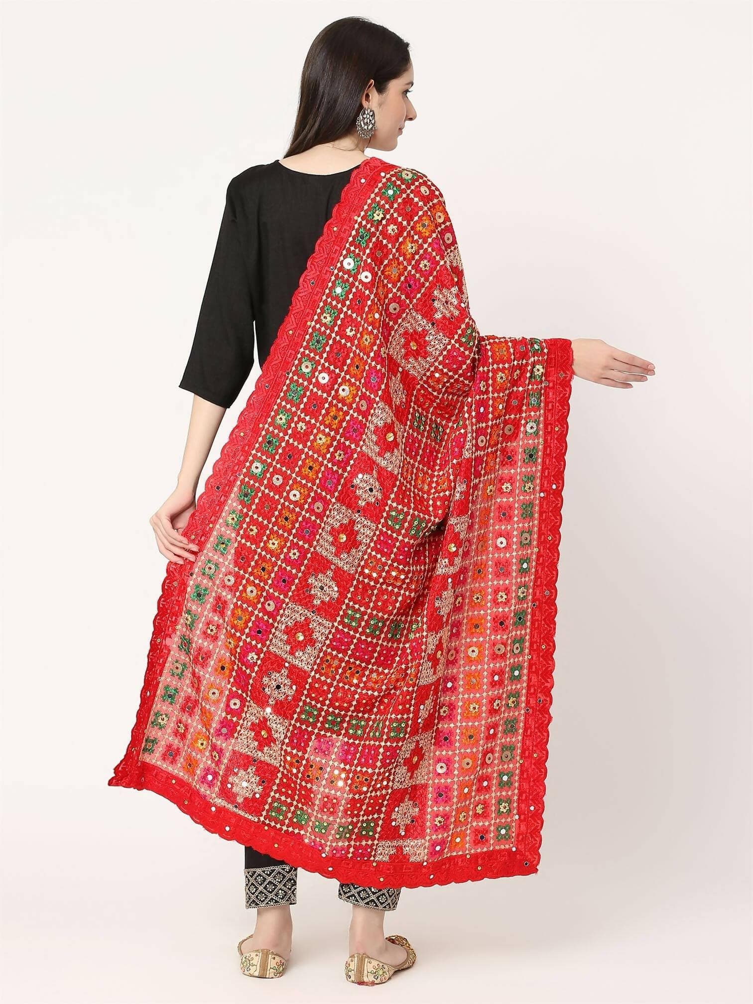 Multicolour Embroidery Phulkari Dupatta With Pearls (red) - HalfPe