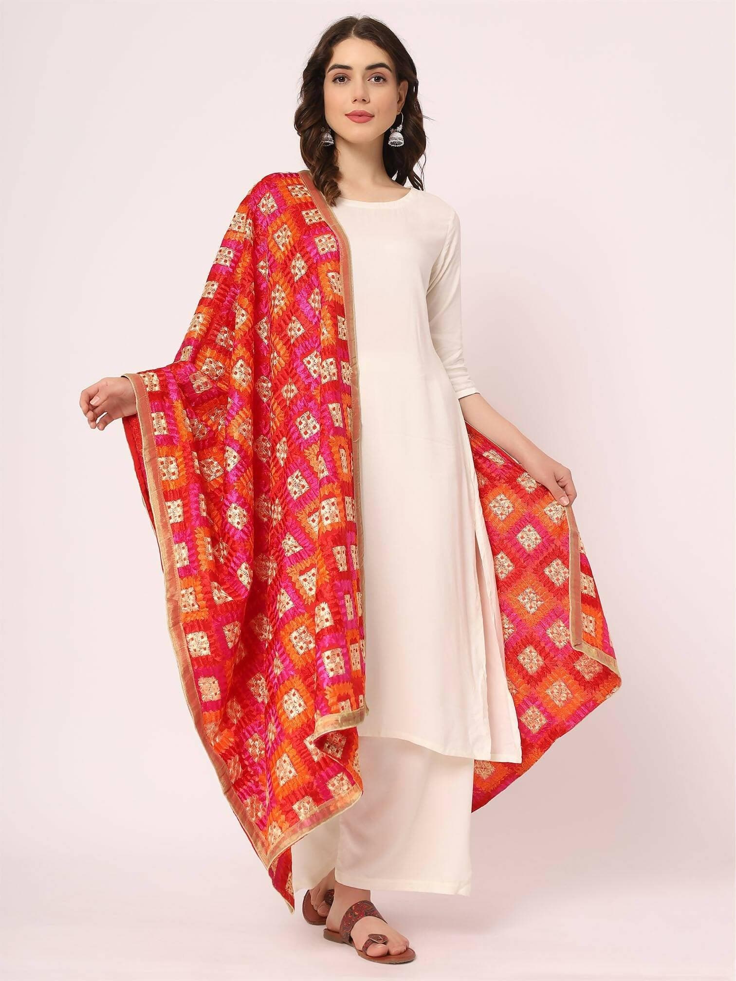 Red Multicolour Embroidery Phulkari Dupatta - HalfPe