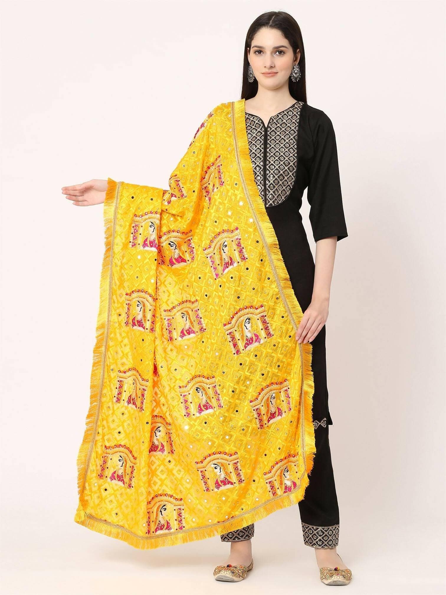 Doli Design Yellow Multicolour Embroidery Phulkari Dupatta with Beads - HalfPe