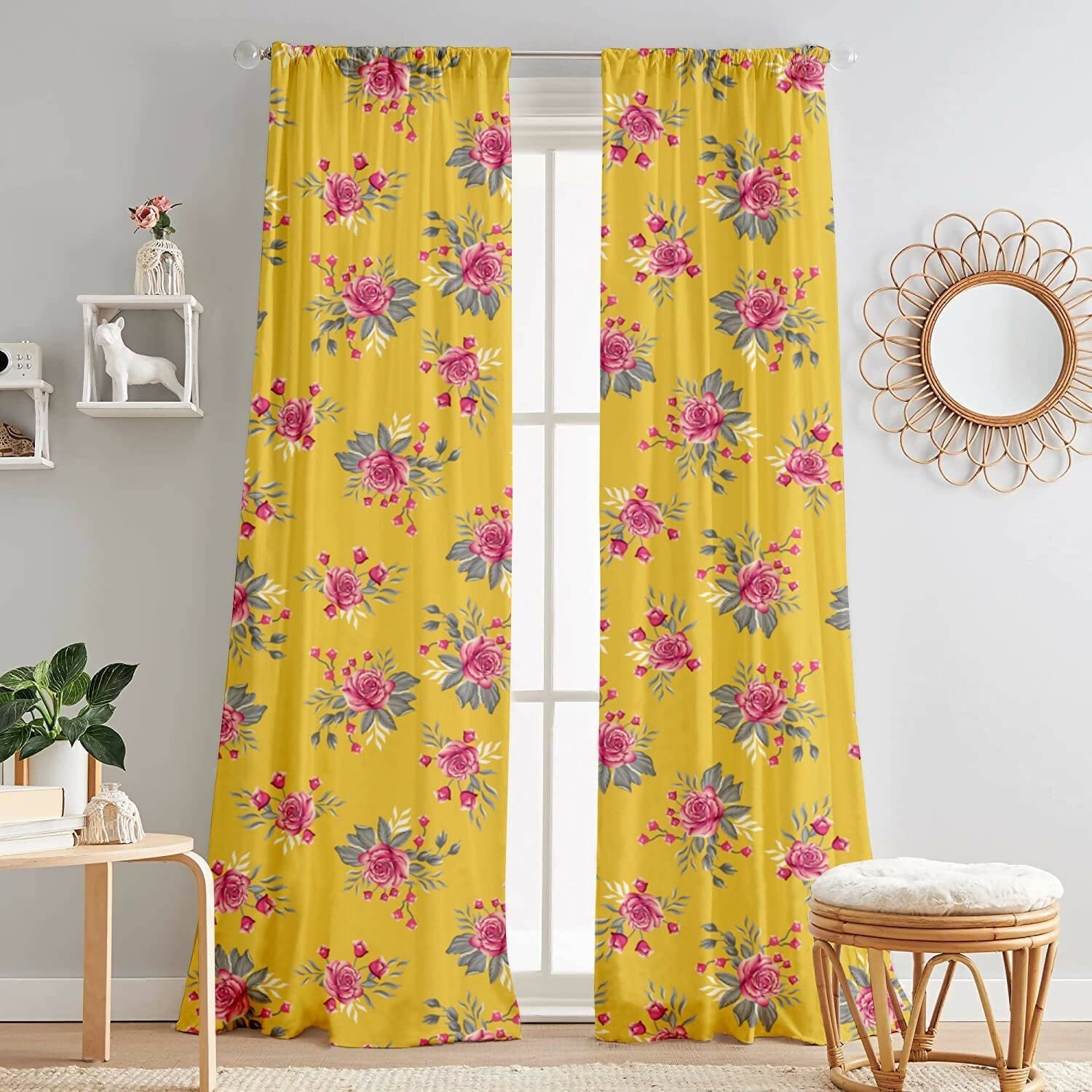 Lushomes curtains 8 feet long set of 2, door curtains 8 ft, door curtain, curtains for bedroom, Semi sheer curtains, rod pocket curtains (Pack of 2, 57x96 Inch, Yellow Flowers) - HalfPe