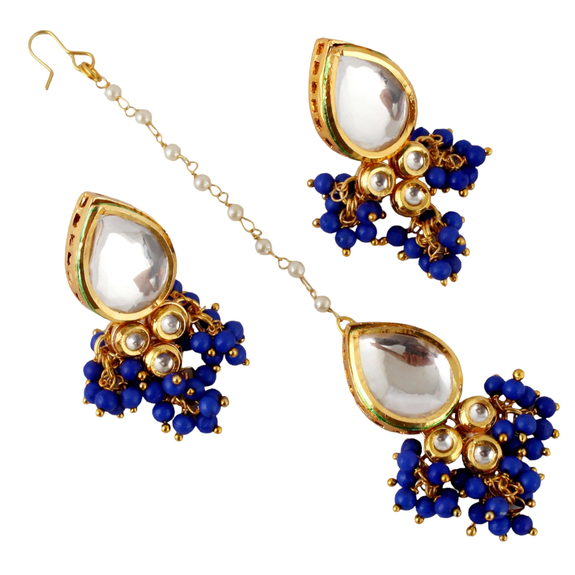 LUCKY JEWELLERY Back Meenakari 18k Gold Plated Blue Color Tika Earring Combo Uncut Big Faux Kundan Choker Necklace set - HalfPe