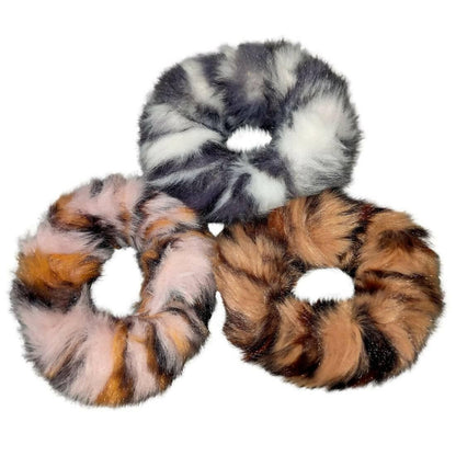 SENECIO Tiger Striped Print Soft Faux Fur Scrunchies Multicolor Hair Tie Ponytail Holder Rubber Band (3pc) - HalfPe