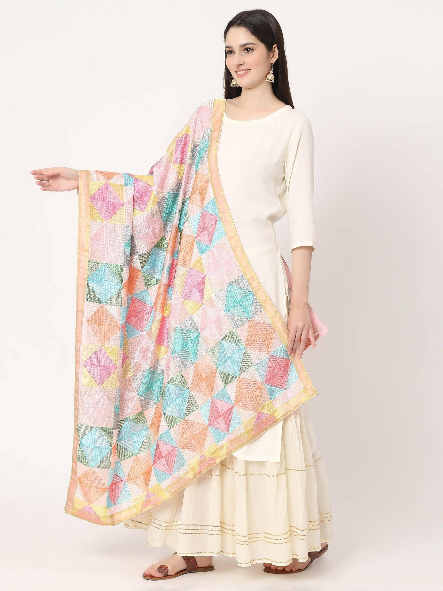 Phulkari Dupatta Pastel Colours with Golden Lace Taping - HalfPe