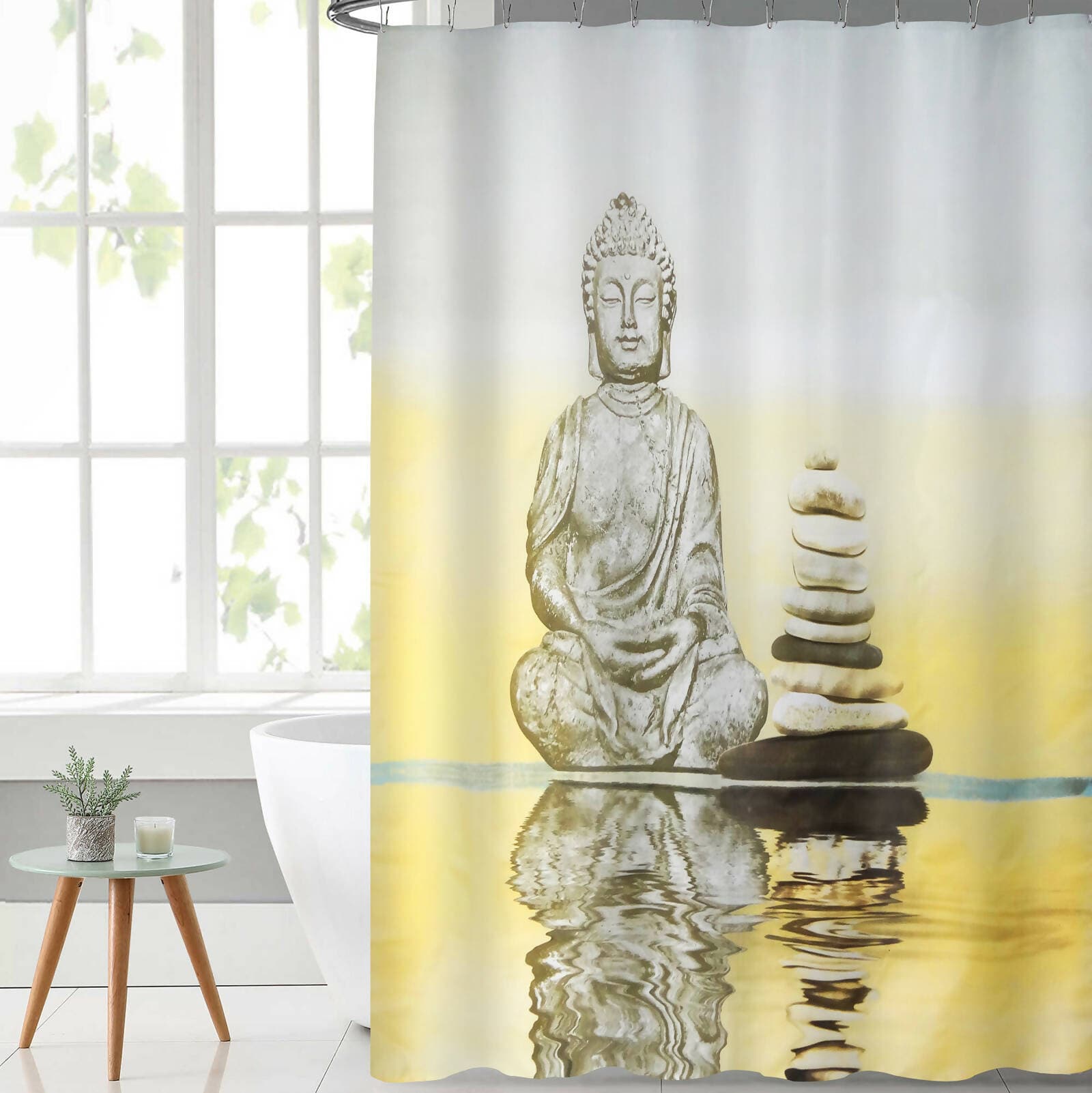 Lushomes shower curtain, Buddha Printed, Polyester waterproof 6x6.5 ft with hooks, non-PVC, Non-Plastic, For Washroom, Balcony for Rain, 12 eyelet & 12 Hooks (6 ft W x 6.5 Ft ) - HalfPe