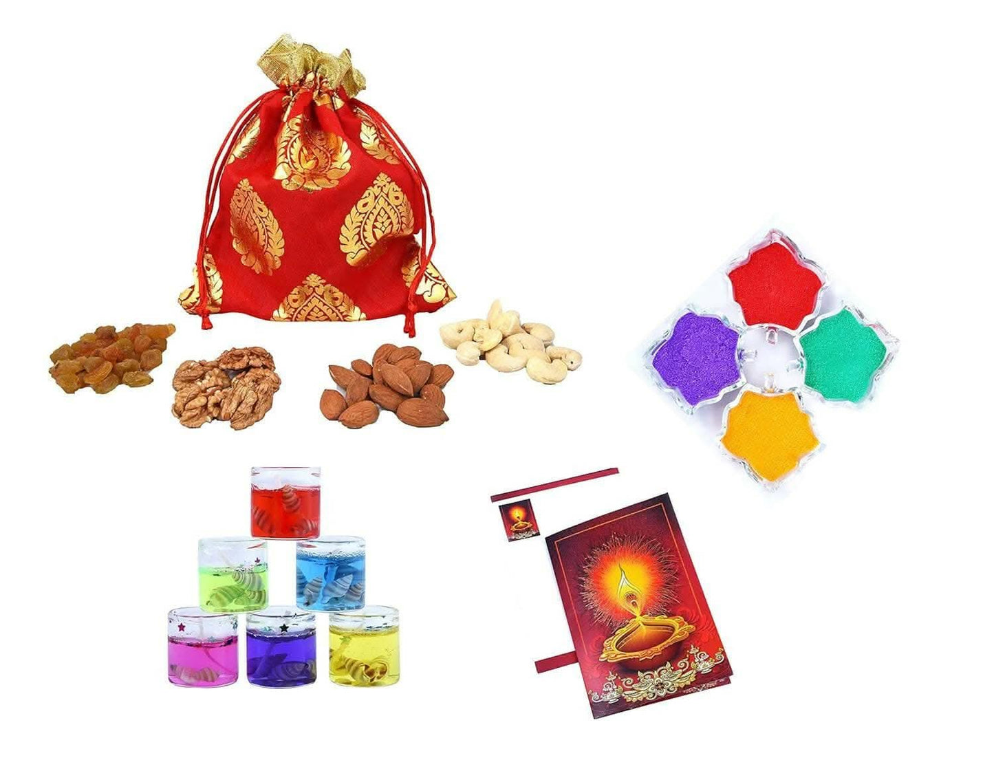 MANTOUSS Diwali Dry Fruit Red Exclusive Potli-Cashew,Almond,Walnut and Raisin (50gms Each) 200gms +2 Gel Filled Glass Candle,Diwali Greeting Card and Rangoli Colours - HalfPe