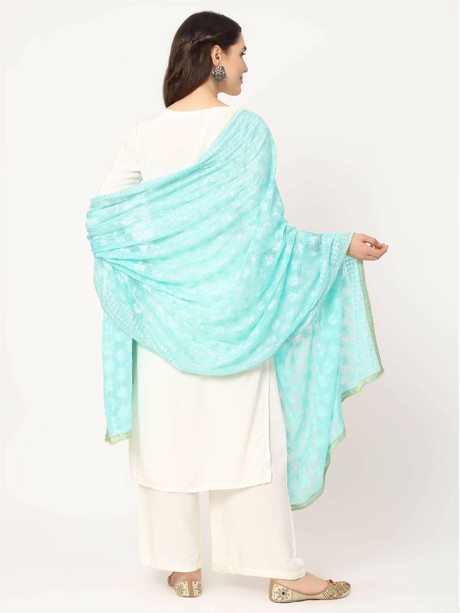 Sea Green Sequined Phulkari Embroidery Dupatta - HalfPe