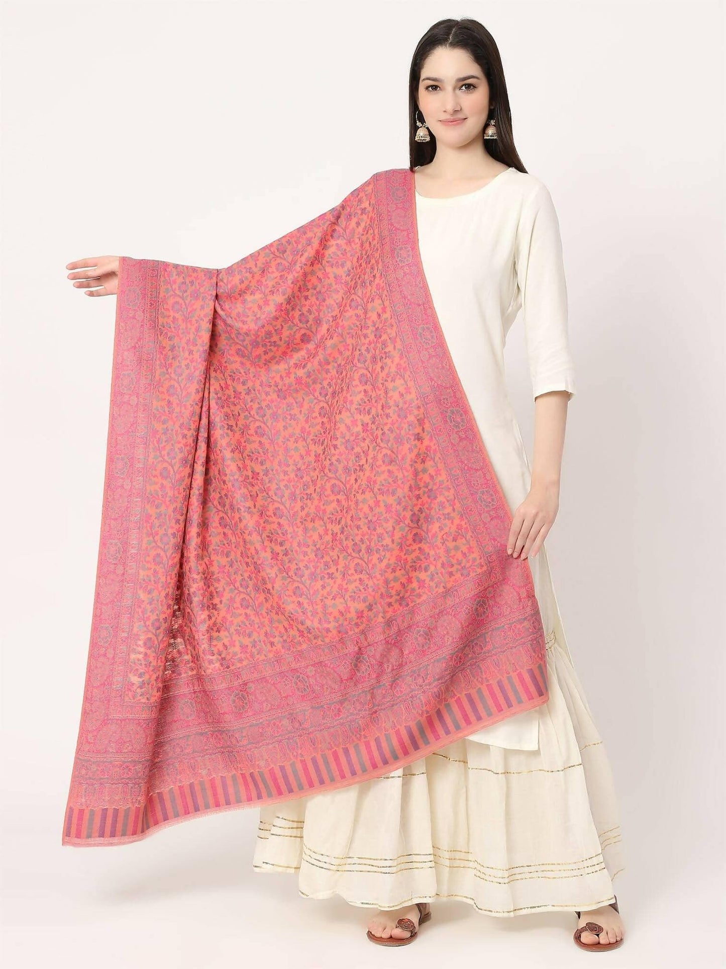 Peach Fine Wool Kani Multiweave Shawl for women - HalfPe