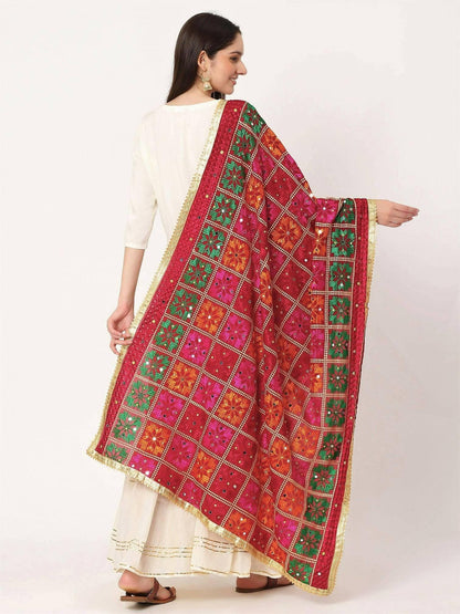 Maroon Multicolour Embroidery Phulkari Dupatta with Mirror Work - HalfPe