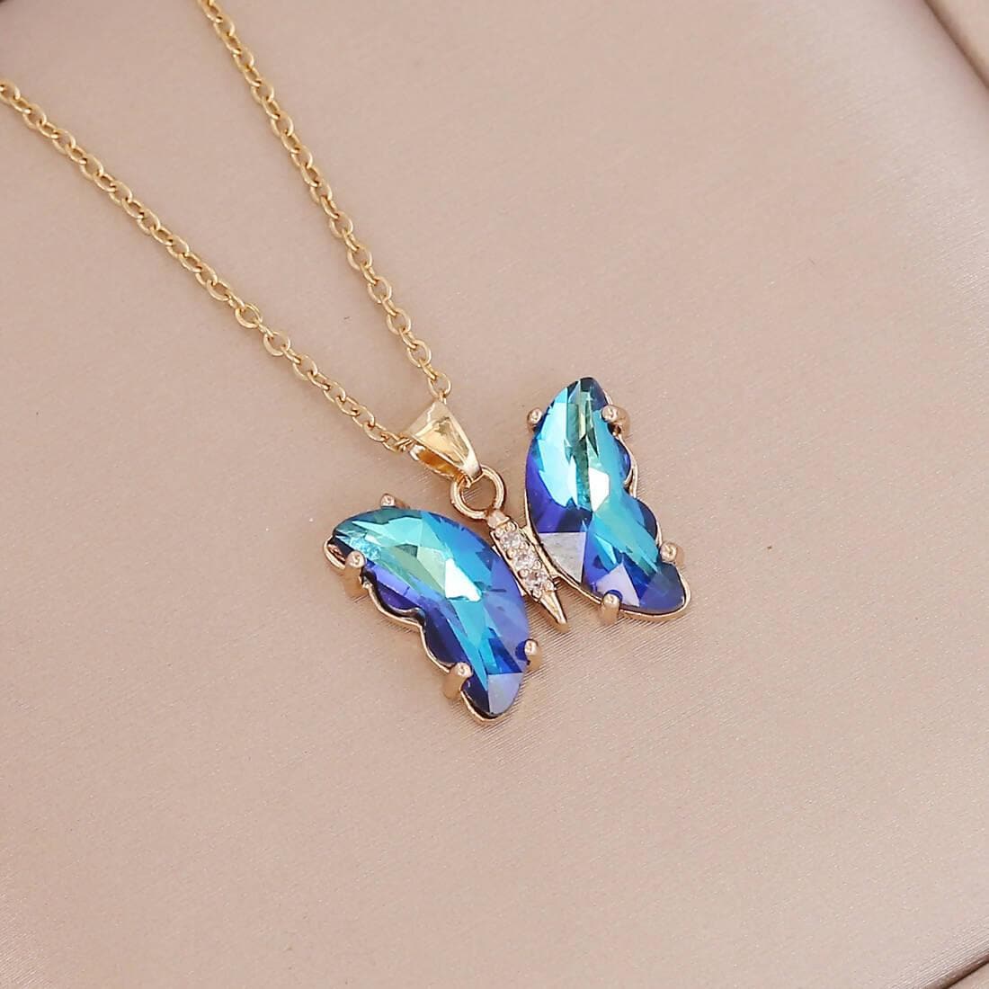 Pinapes Butterfly Shape Solitaire Crystal Pendant Necklace With Extendable Chain For Women And Girls (BLUE) (Pack of 2) - HalfPe