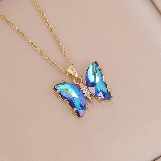 Pinapes Butterfly Shape Solitaire Crystal Pendant Necklace With Extendable Chain For Women And Girls (BLUE) (Pack of 2) - HalfPe