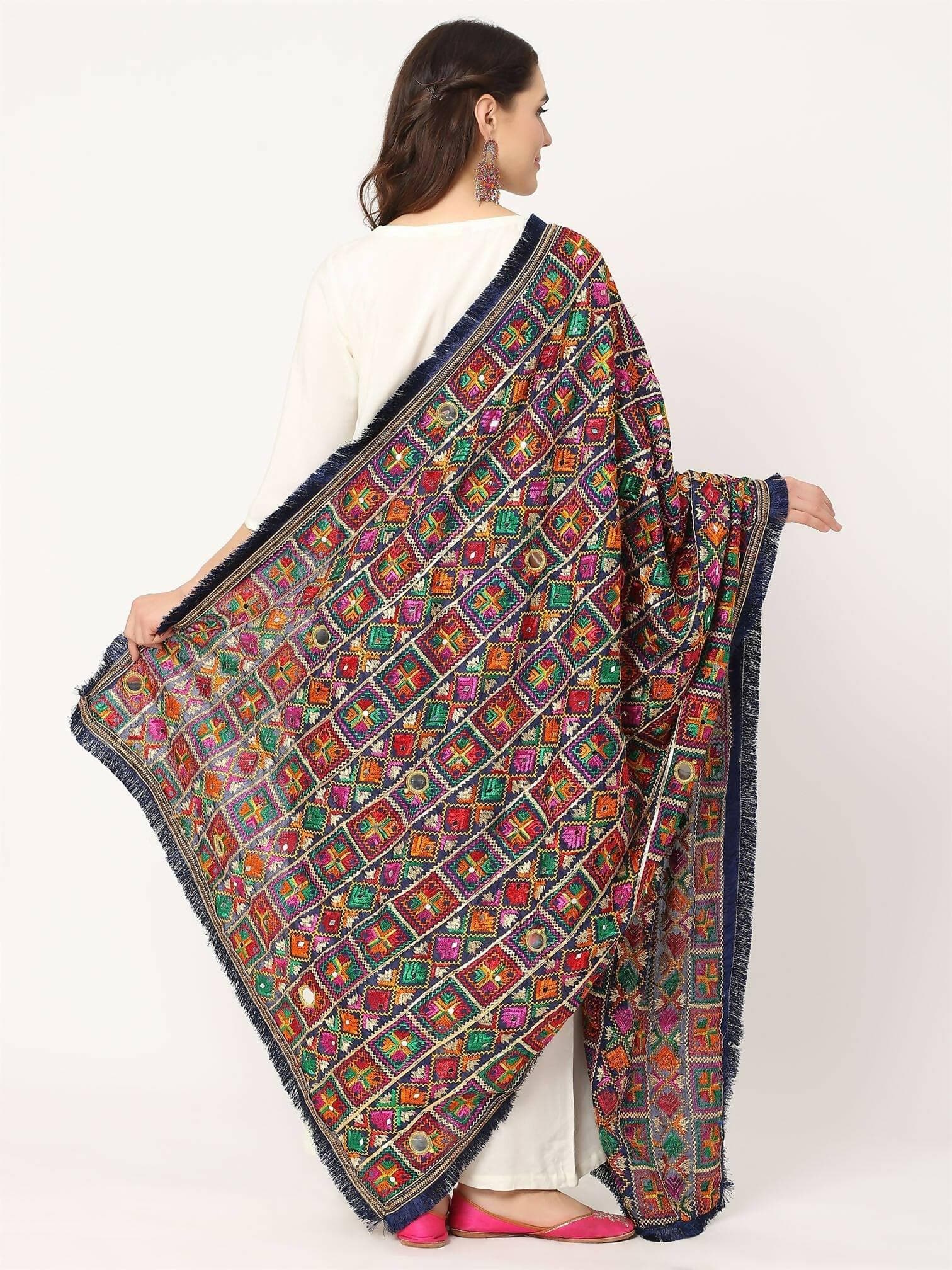 Blue Multicolour Embroidery Phulkari Dupatta with Mirror Work - HalfPe