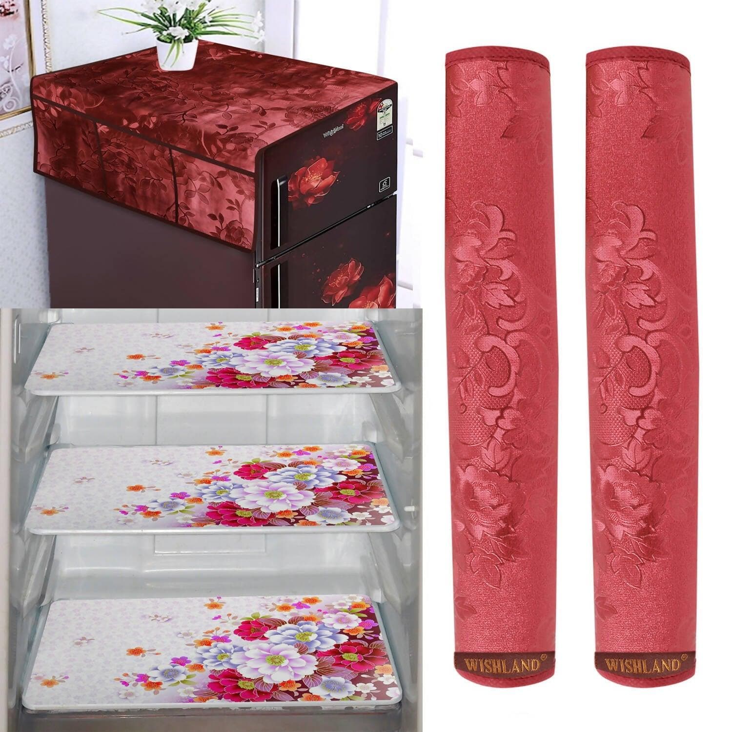 WISHLAND 1 Pc Fridge Cover for Top with 6 Pockets + 2 Handle Cover + 3 Fridge Mats( Fridge Cover Combo Set of 6 Pcs)red - HalfPe