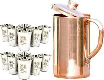 SHINI LIFESTYLE Pure Copper Jug Set and best quality steel Glass set 13PC Jug Glass Set (Stainless steel) - HalfPe