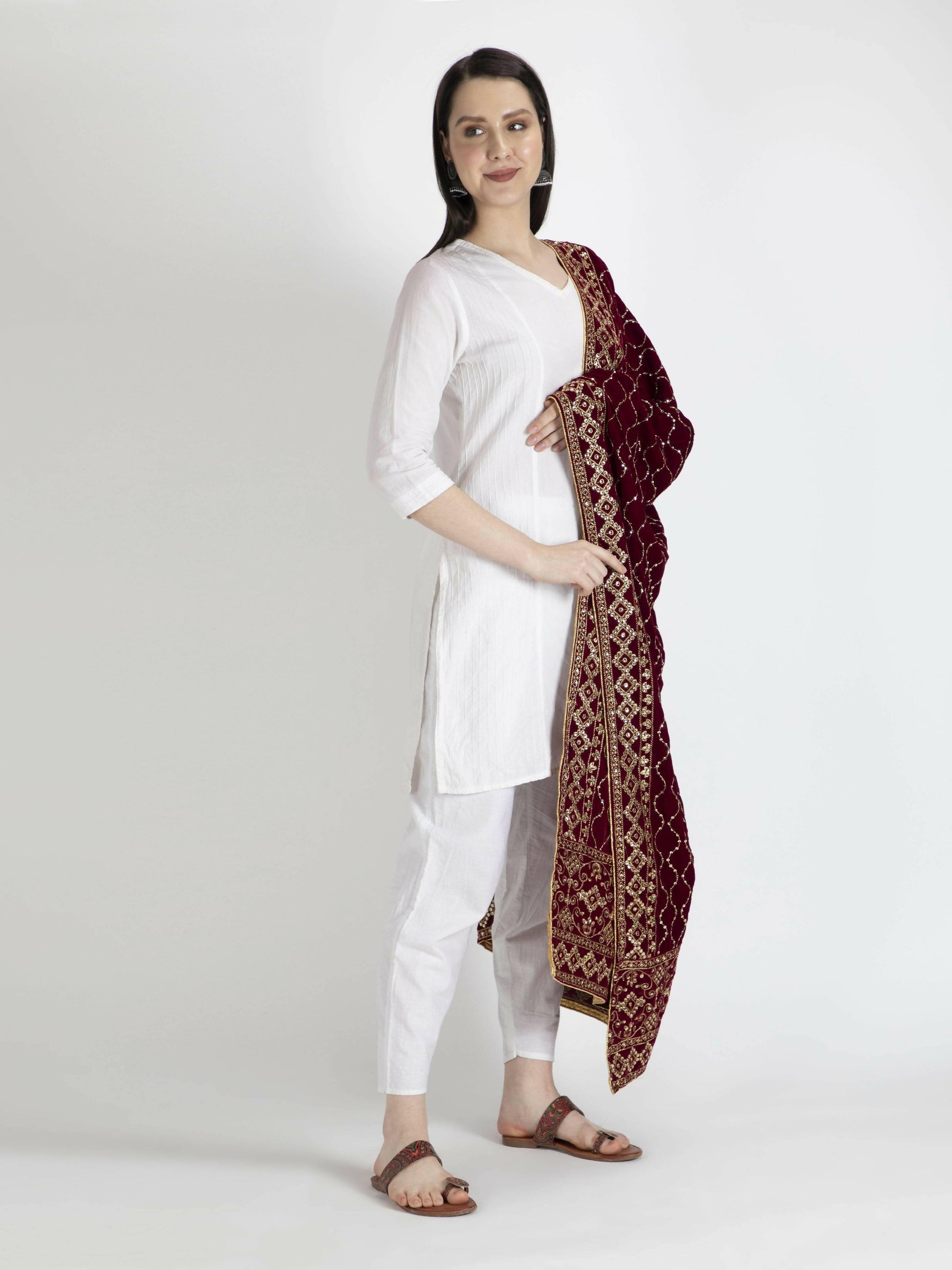 Maroon Embroidered Shawl Dupatta For Women - HalfPe