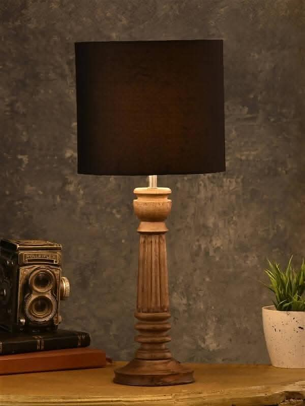 Green Girgit Pillar Brown Lamp With Black Cotton Shade - HalfPe