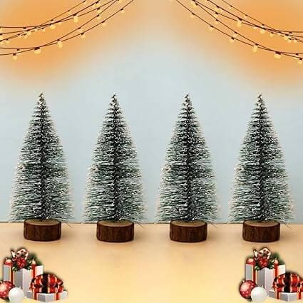 Christmas Tree with Snow | 15 cm Long, 4 Trees | Tree with Wooden Base | Frosted Pine Tree | Xmas Tree for Home Décor, Corporate Gifting & Christmas - HalfPe