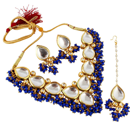 LUCKY JEWELLERY Back Meenakari 18k Gold Plated Blue Color Tika Earring Combo Uncut Big Faux Kundan Choker Necklace set - HalfPe