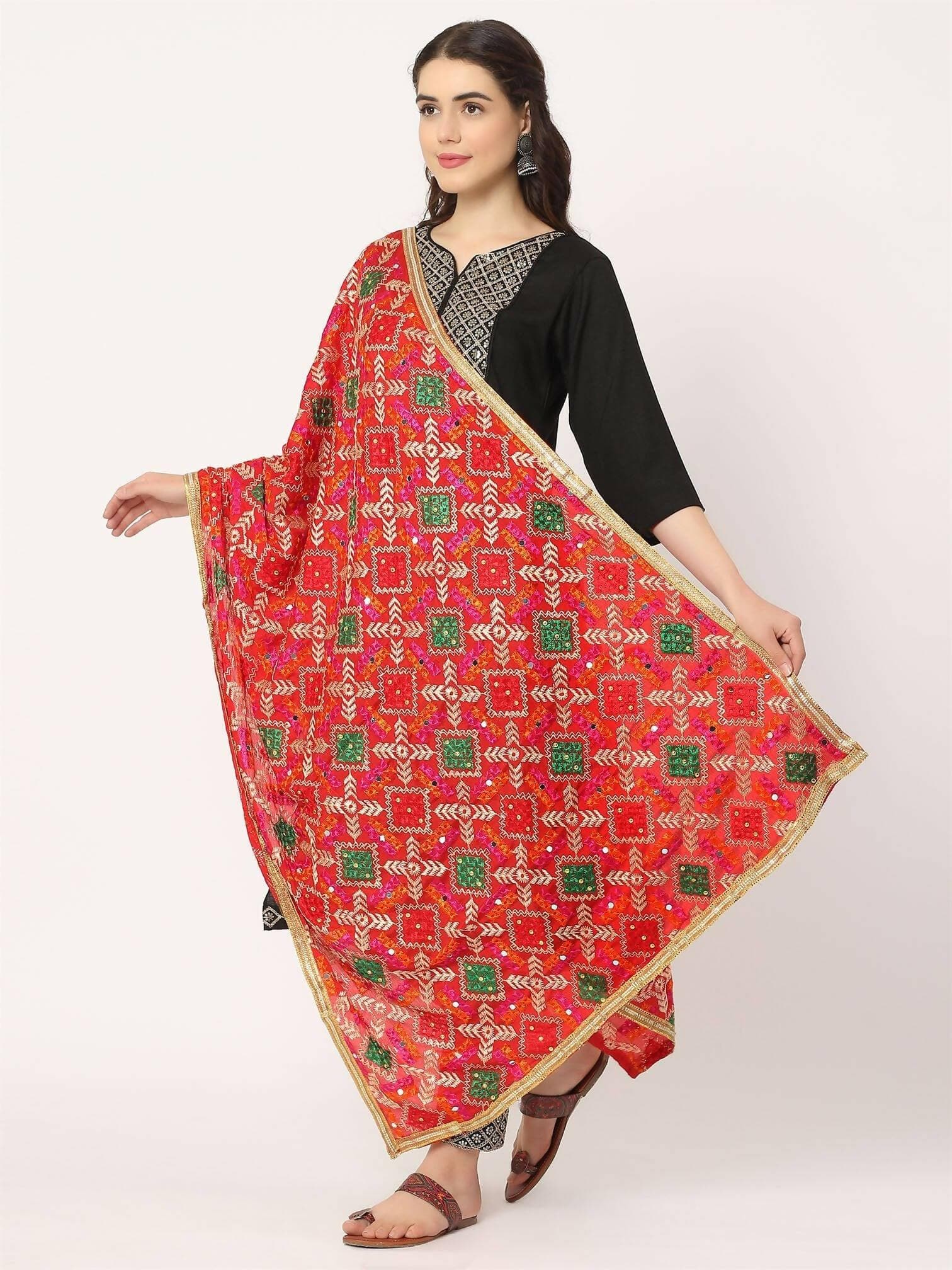 Red Multicolour Embroidery Phulkari Dupatta - HalfPe