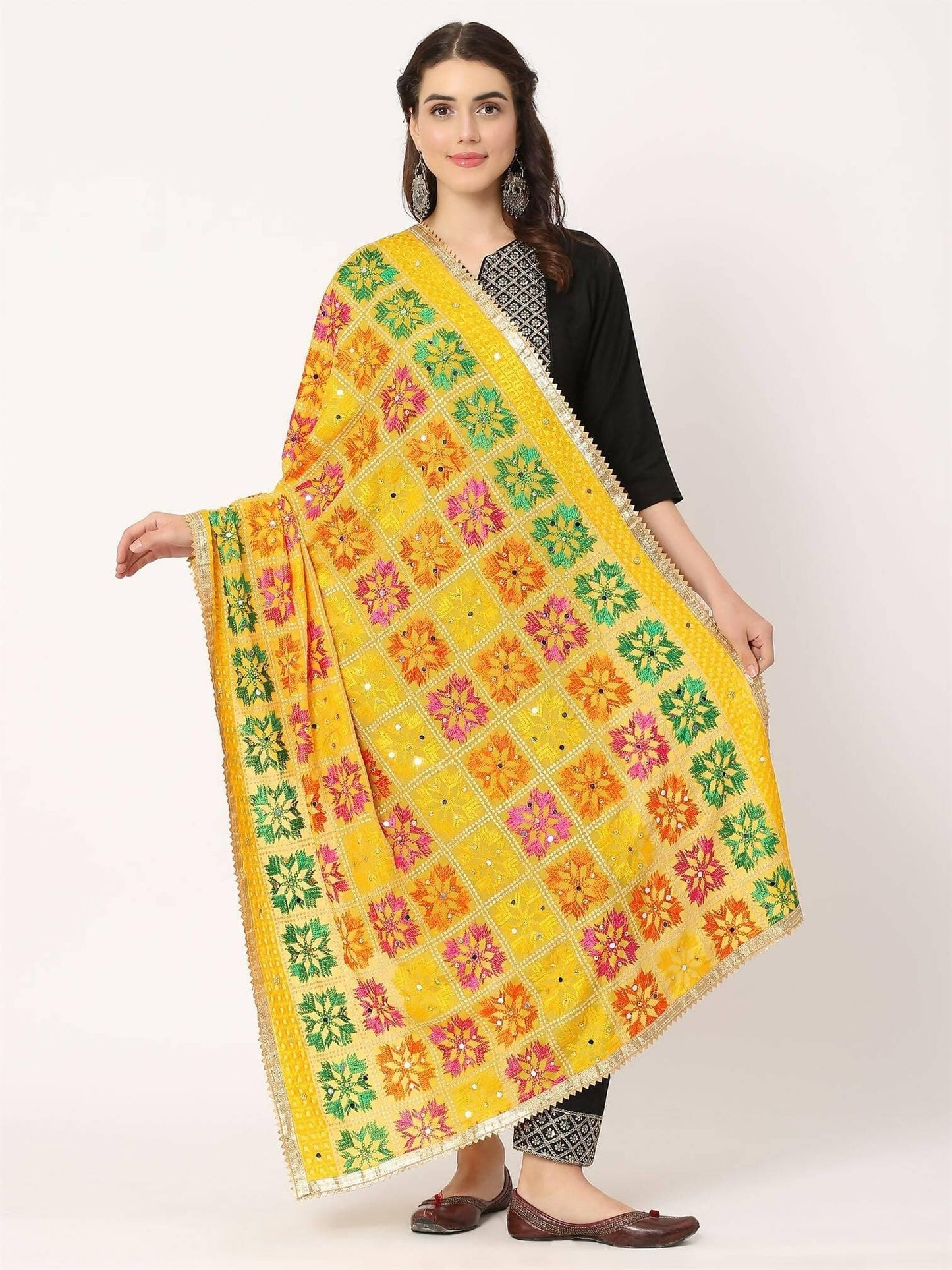 Multicolour Embroidery Phulkari Dupatta with Mirror Work ( Yellow) - HalfPe