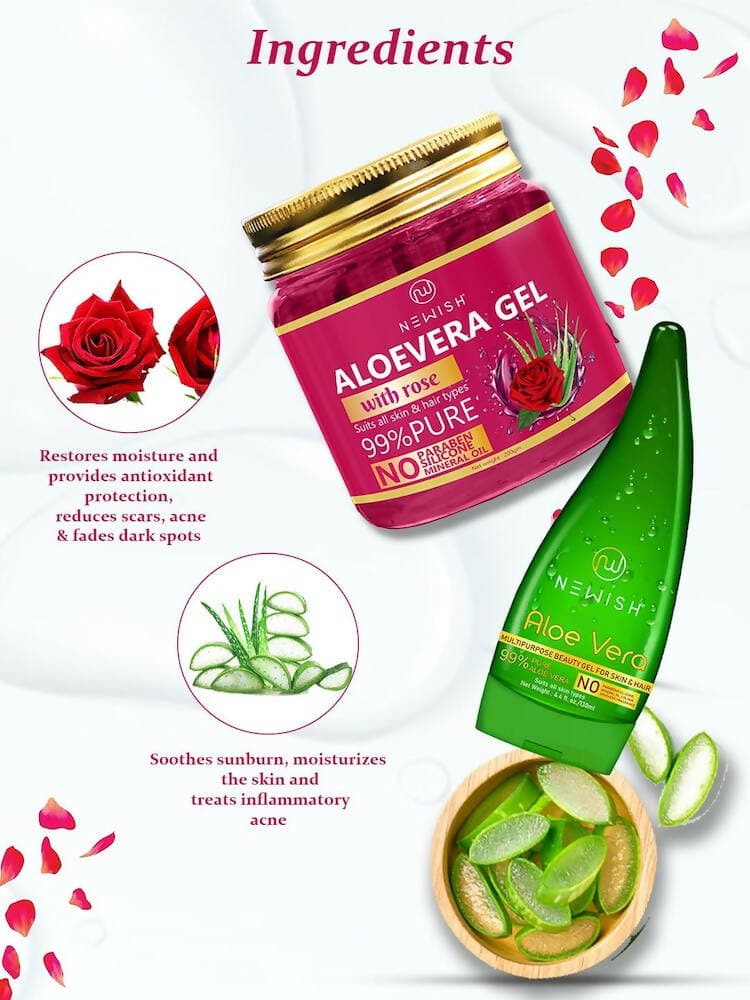 NEWISH Organic Aloevera Gel And Rose Aloe Vera Gel Combo For Hair And Face Massage Gel (Pack of 2 -330 GM) - HalfPe