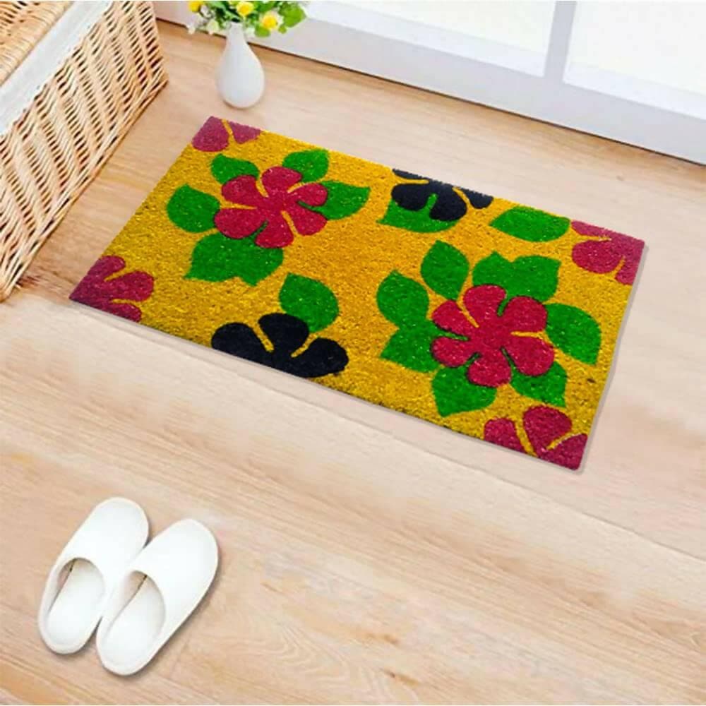 Mats Avenue Valentine Gift Floral Coir Mat with Beautiful Flower and Leaf Printing in Vibrant Yellow Base (45x90 CM and 45 x 75 CM Set of 2) - HalfPe