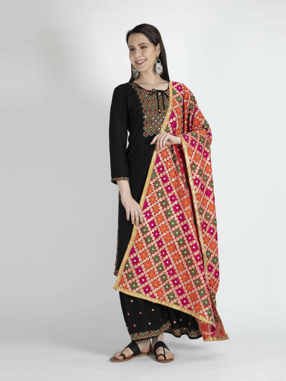 Phulkari with gold Lace and mirror work (multi-color) - HalfPe