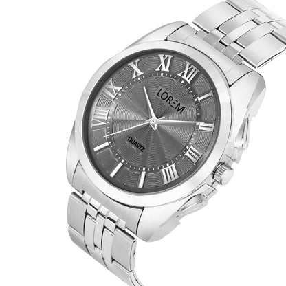 LOREM Silver 3D Roman Stainless Steel Analog Watch For Men LR128 - HalfPe