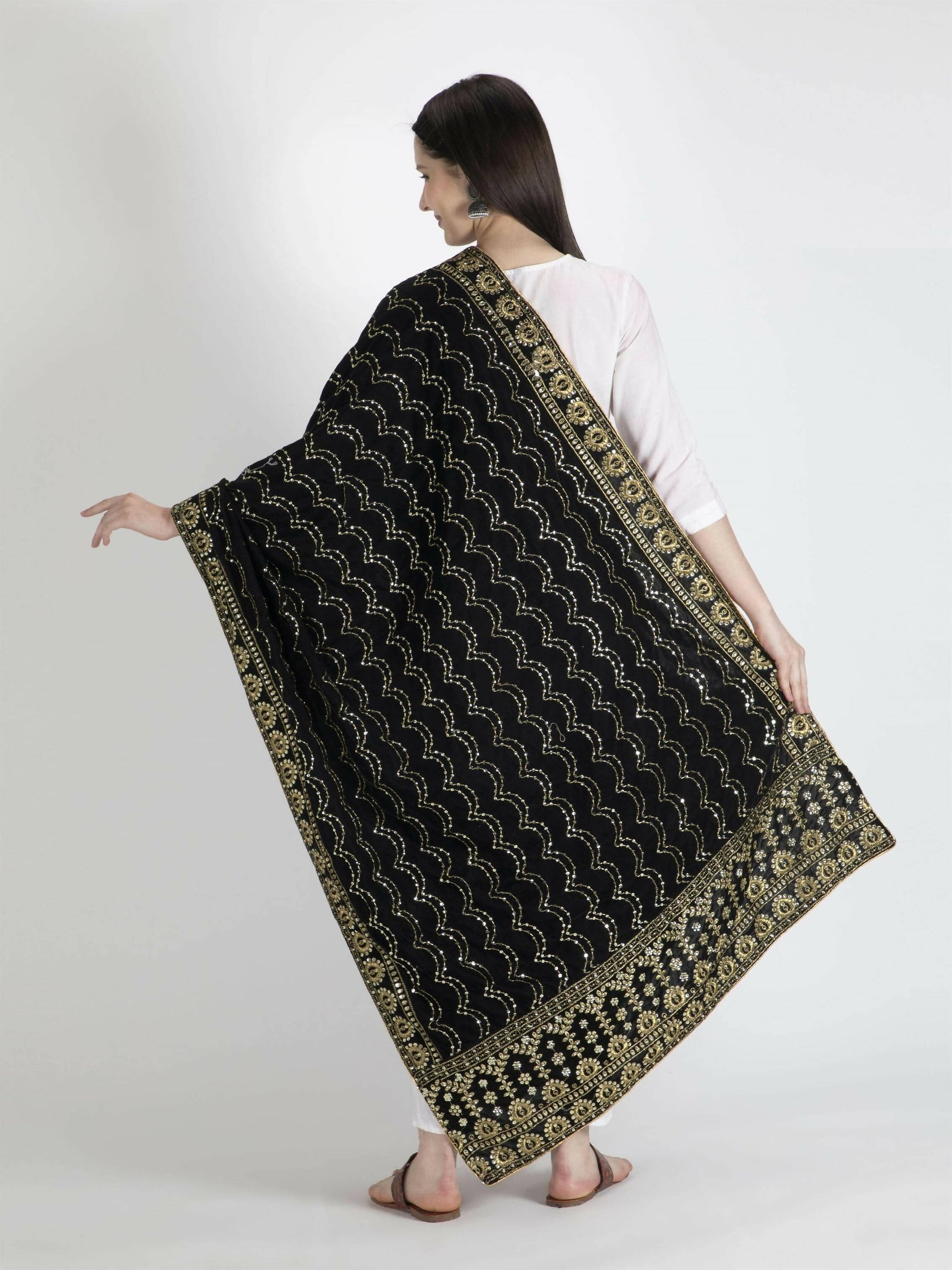 Embroidered Velvet Black Dupatta For Women - HalfPe